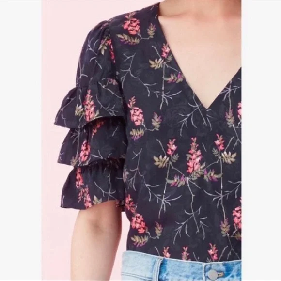 Rebecca Taylor Ivie Silk Fleur Sprig Floral Print Jacquard Top Size 4 - Picture 3 of 13